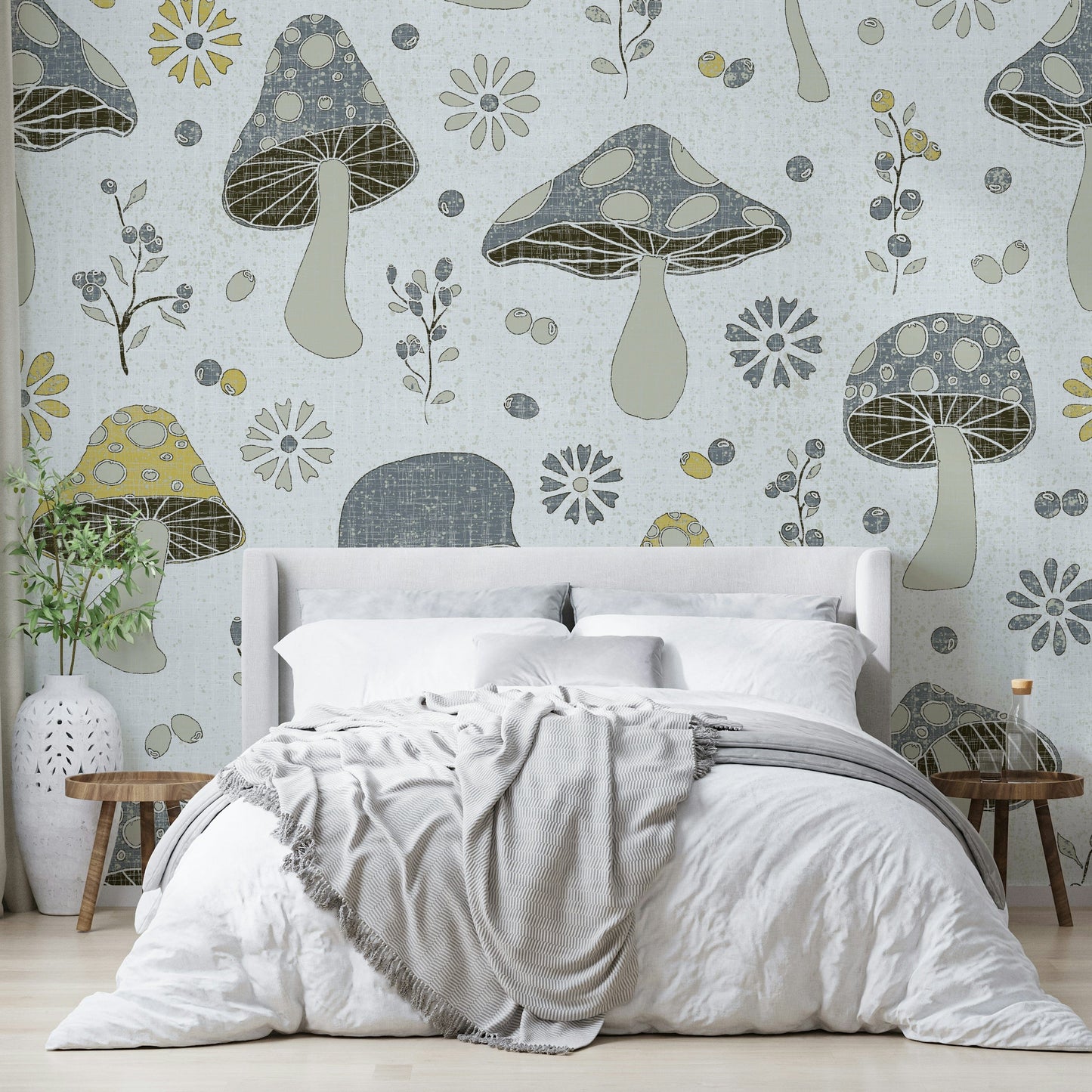 Playful mushroom wallpaper pattern close-up

