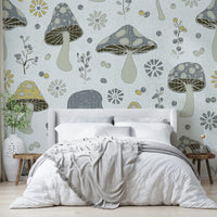 Playful mushroom wallpaper pattern close-up


