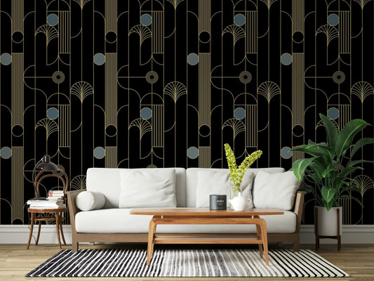 Art Deco geometric pattern wallpaper for a stylish bedroom.