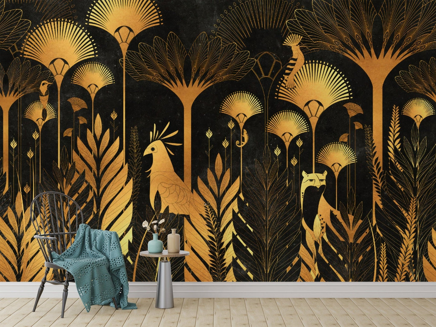 Golden Art Deco Tropical Wallpaper