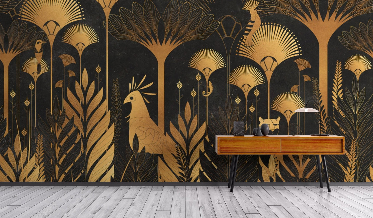 Golden Art Deco Tropical Wallpaper