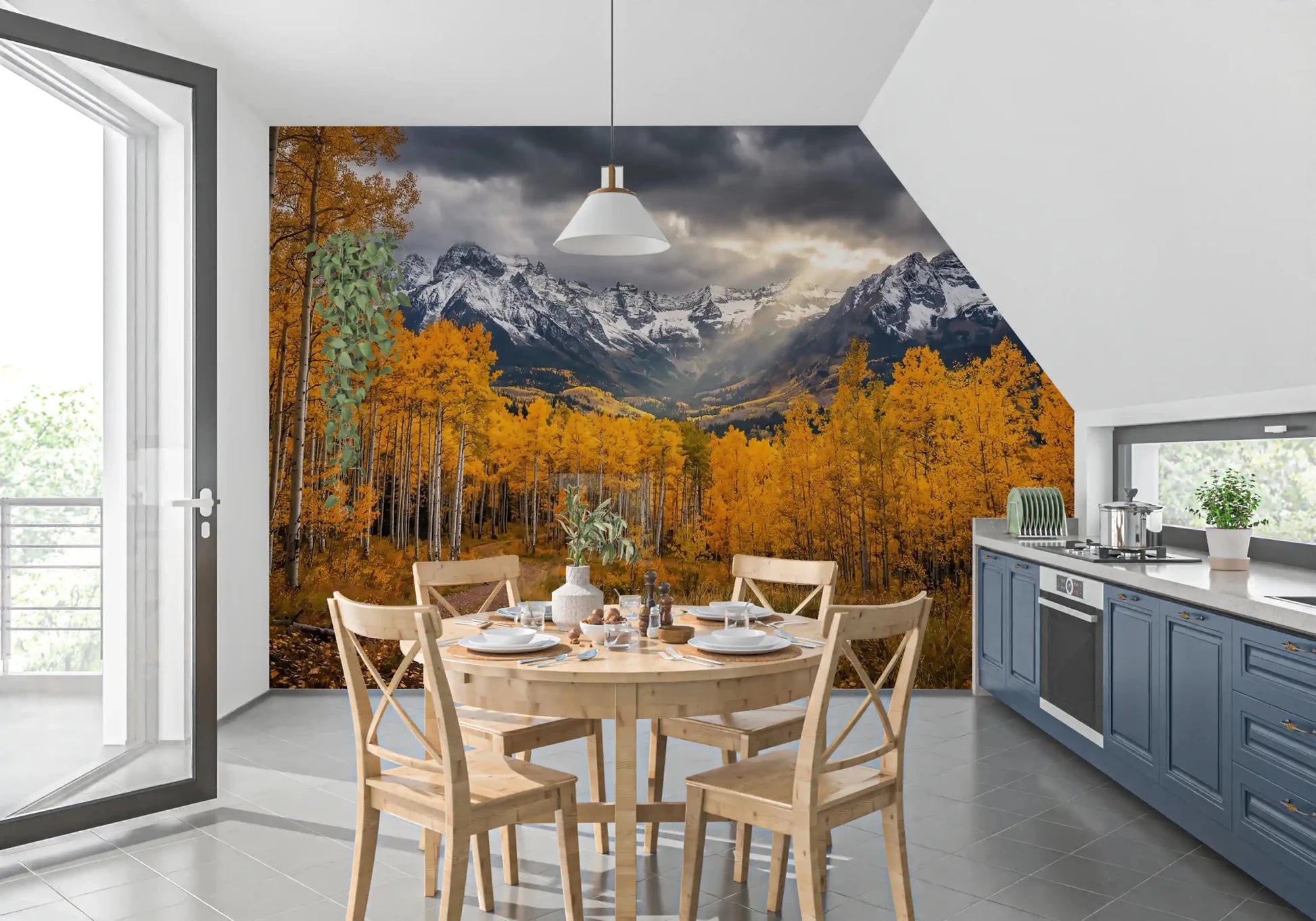 Nature wall mural with aspen foliage in amber, gold, and brown tones, GD9308