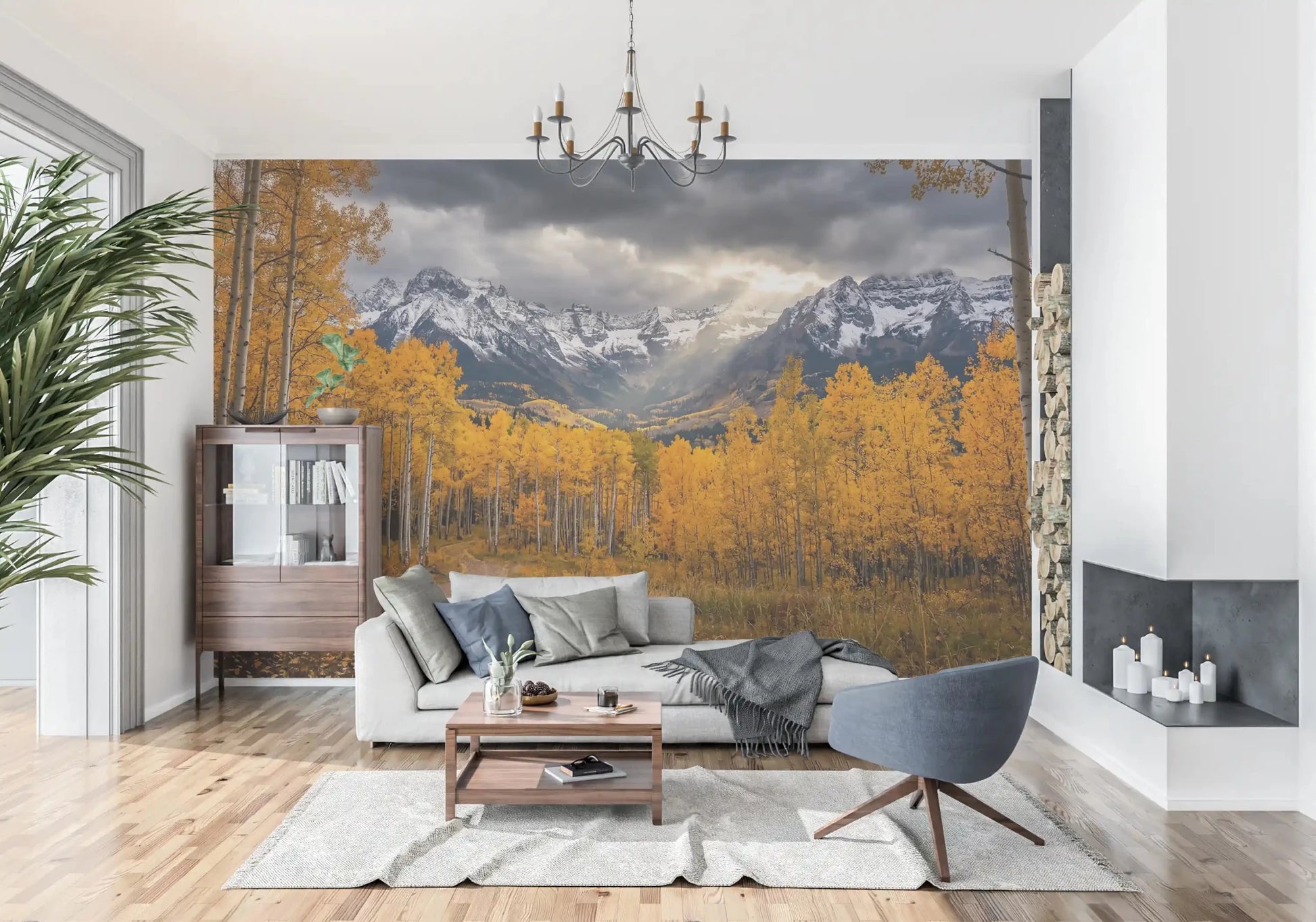 Autumn woodland wall mural with warm yellow trees and scenic texture, GD9308