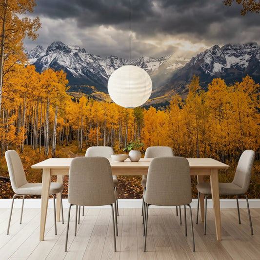 Scenic autumn wall mural with golden woodland pattern and natural warmth