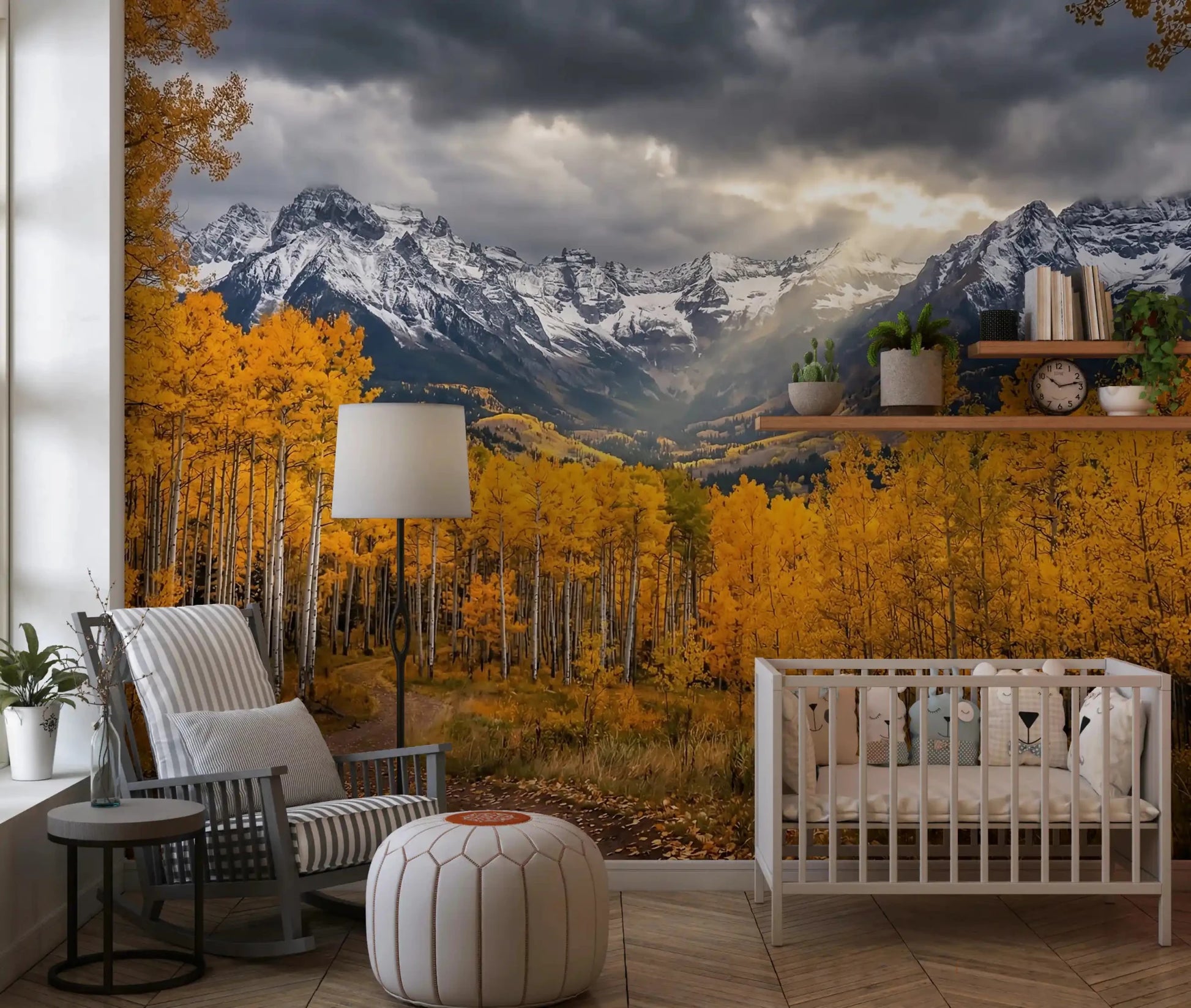 Golden tree wall mural with detailed forest landscape and soft depth, GD9308
