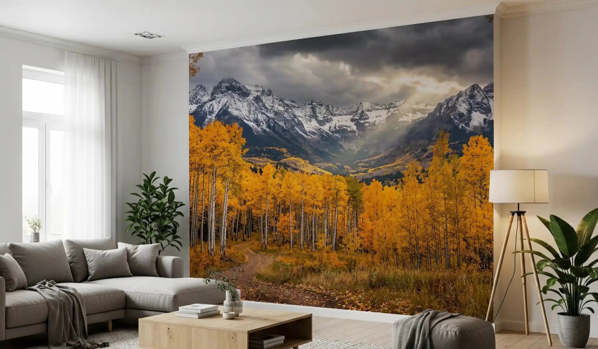 Golden Aspen Majesty Wall Mural in living room with rich autumn forest tones, GD9308