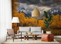 Autumn forest wall mural in hallway with golden aspen trees and depth, GD9308