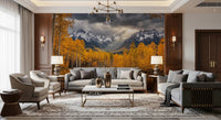 Forest wall mural with golden aspen leaves and layered natural scenery, GD9308