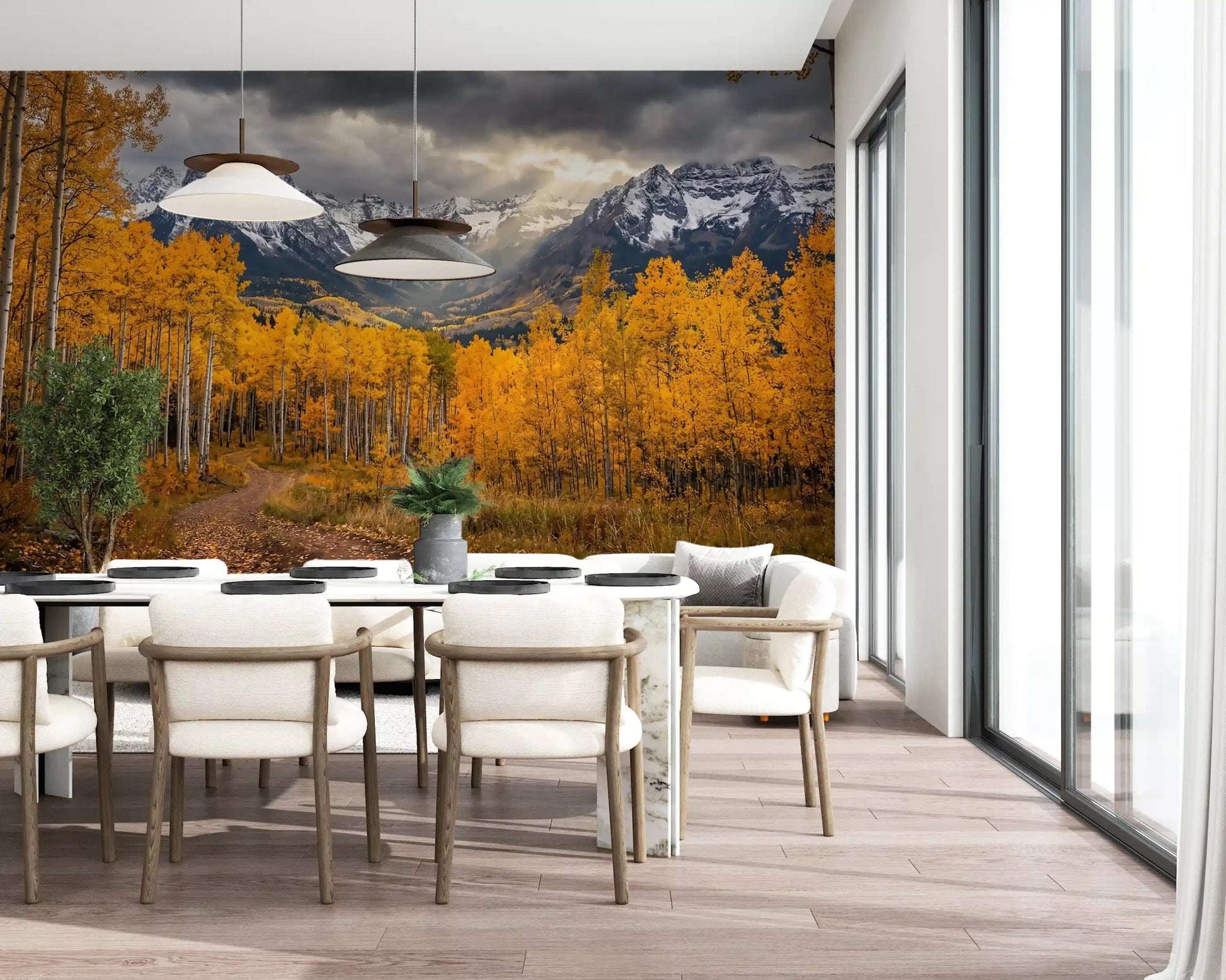 Scenic aspen wall mural for dining room with golden foliage and woodland view, GD9308