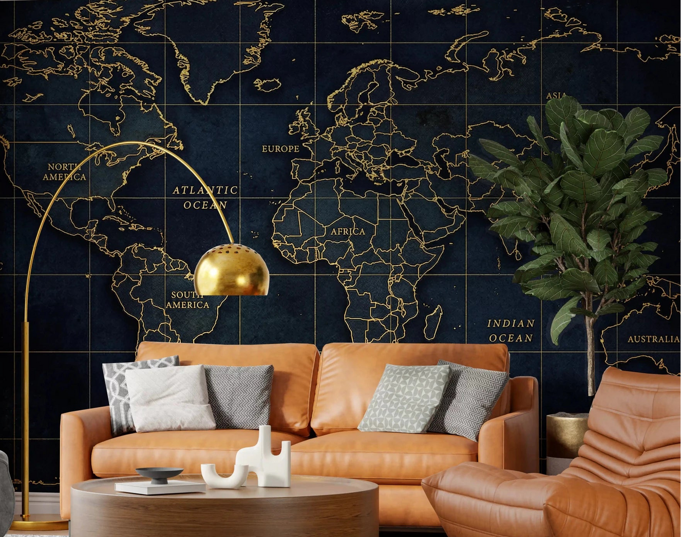 Living room Golden Atlas wall mural with navy world map and gold lines