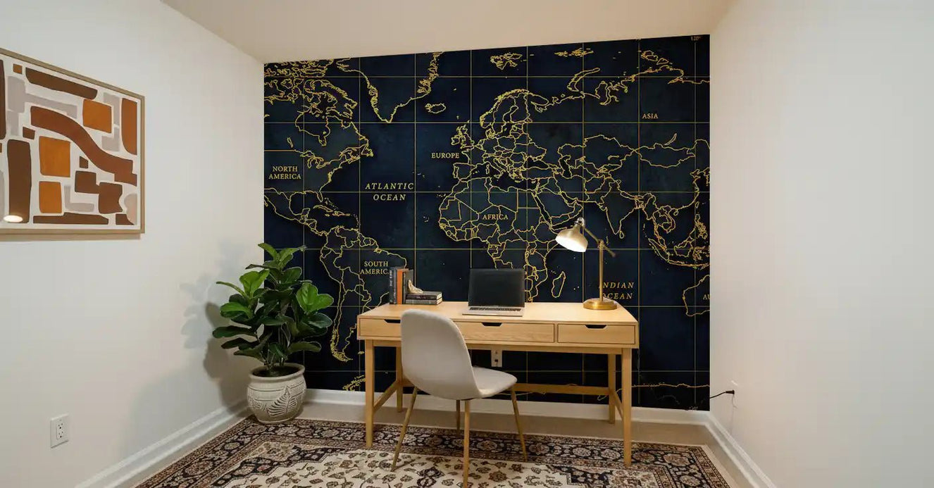 Golden Atlas wall mural with detailed continents on navy background