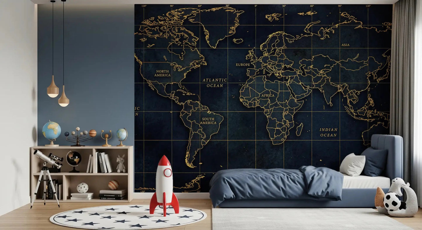 Bedroom Deep Sea Global wall mural showing continents and compass detail