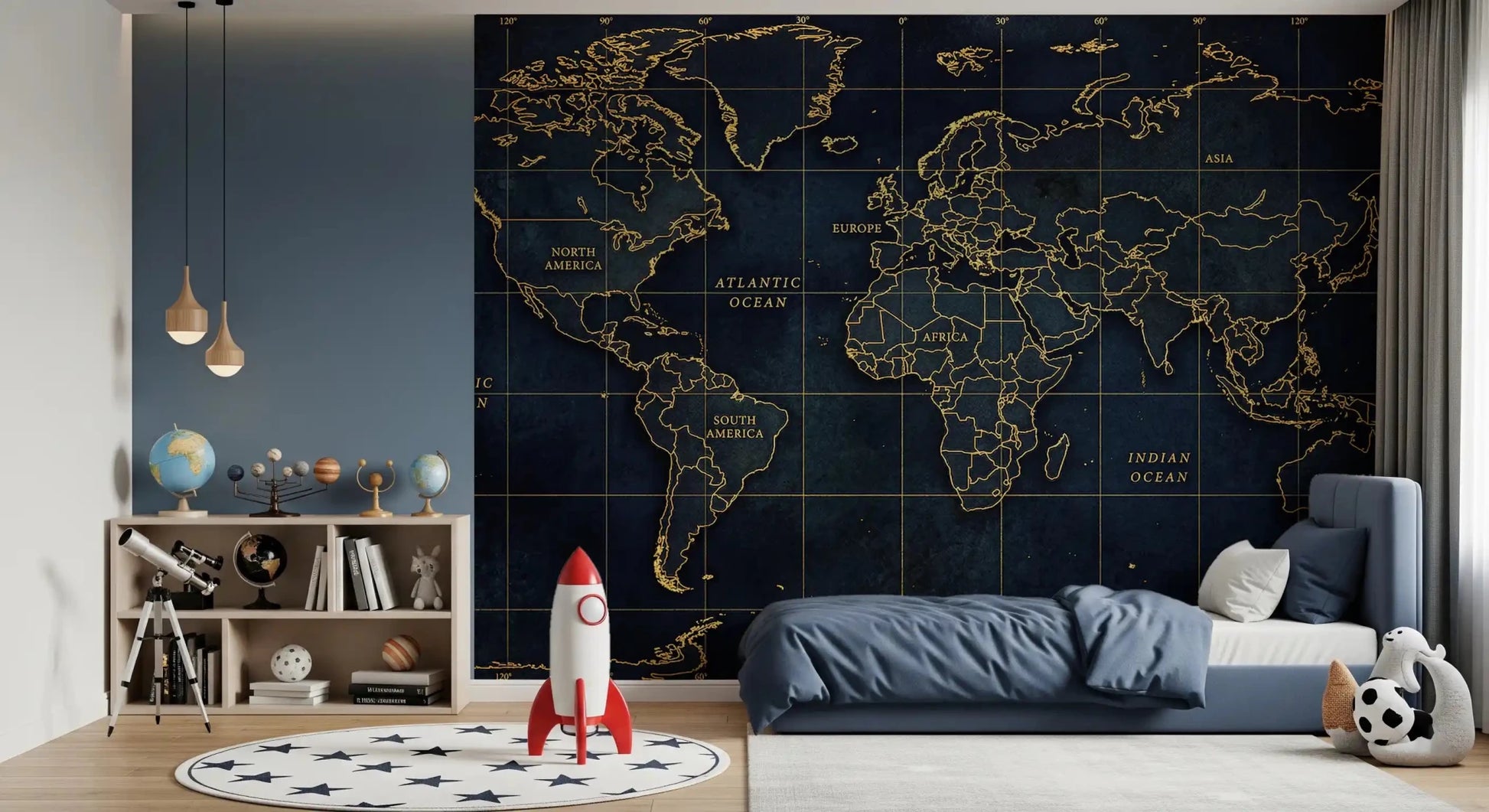 Bedroom Deep Sea Global wall mural showing continents and compass detail