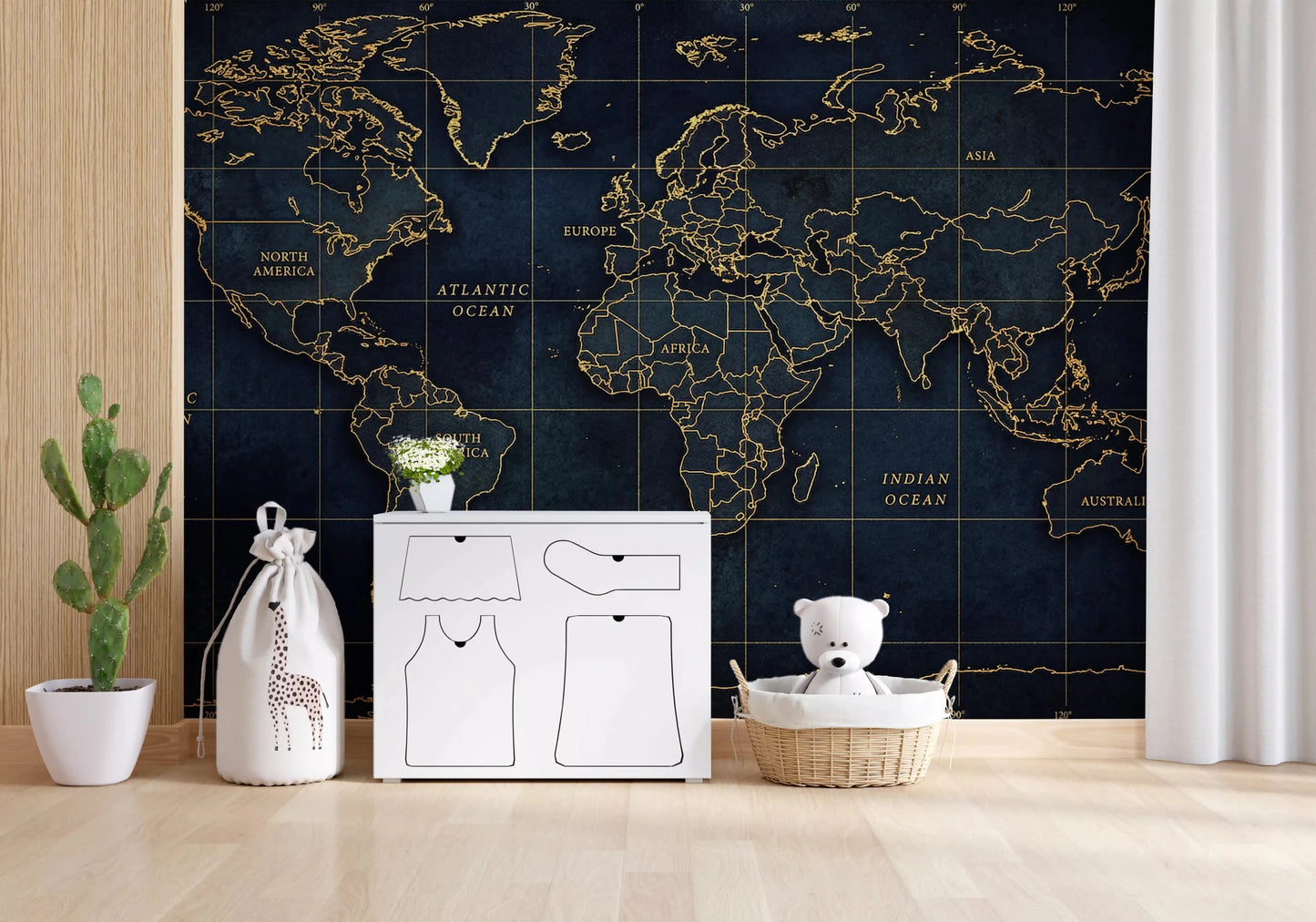 Deep Sea Atlas wall mural with labeled continents and ocean lines