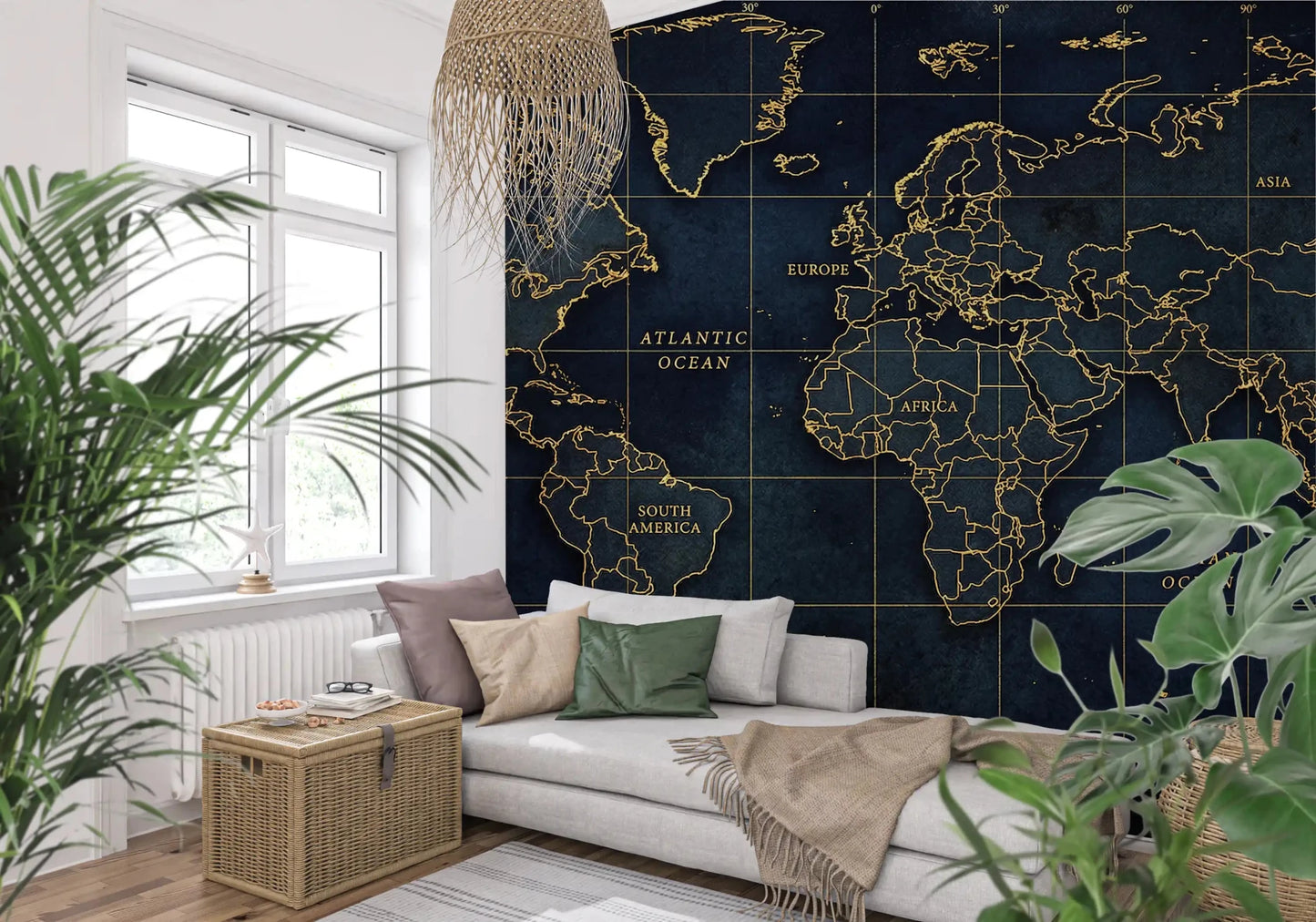 Golden Atlas Map wall mural in rich navy and metallic gold tones