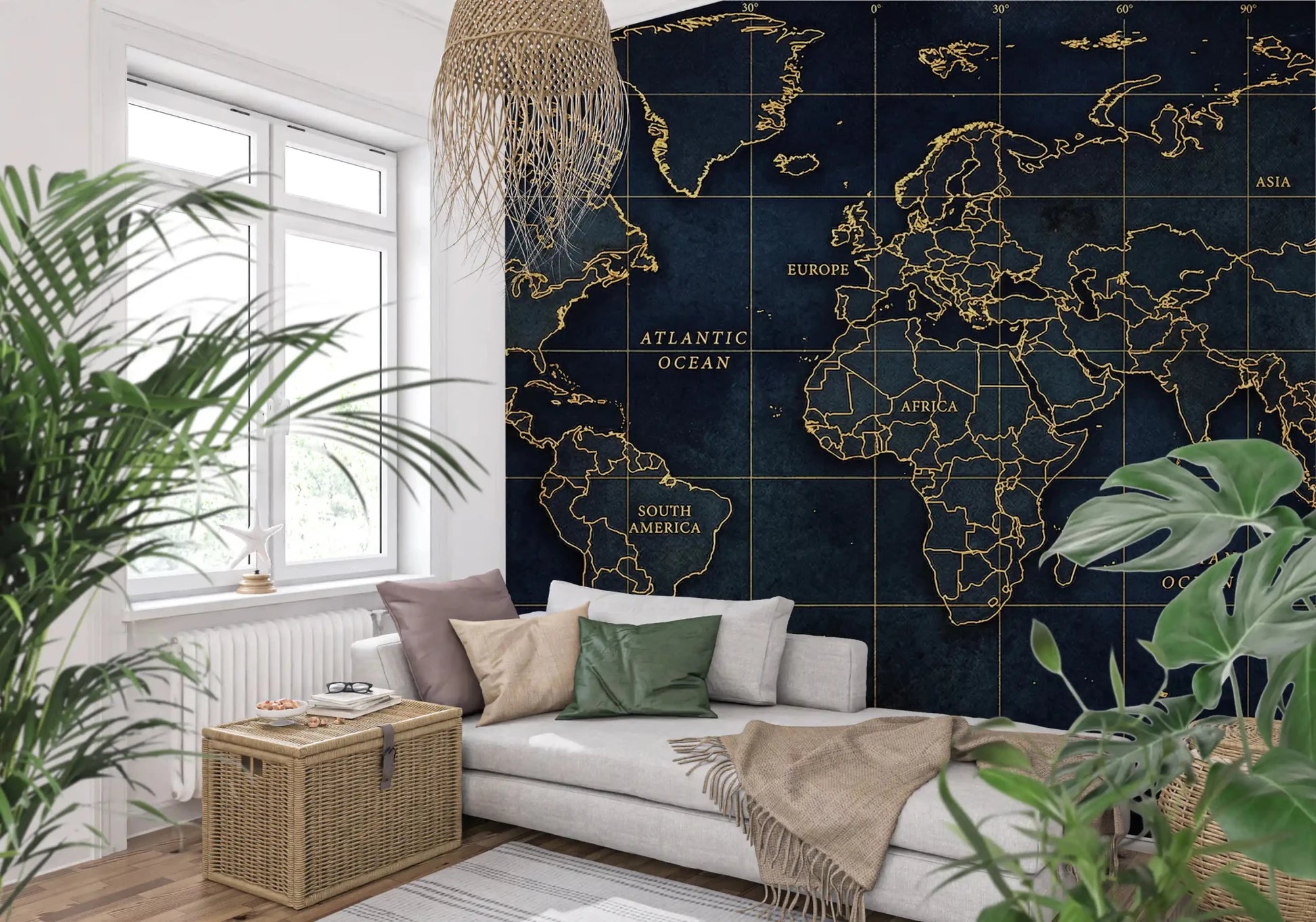 Golden Atlas Map wall mural in rich navy and metallic gold tones
