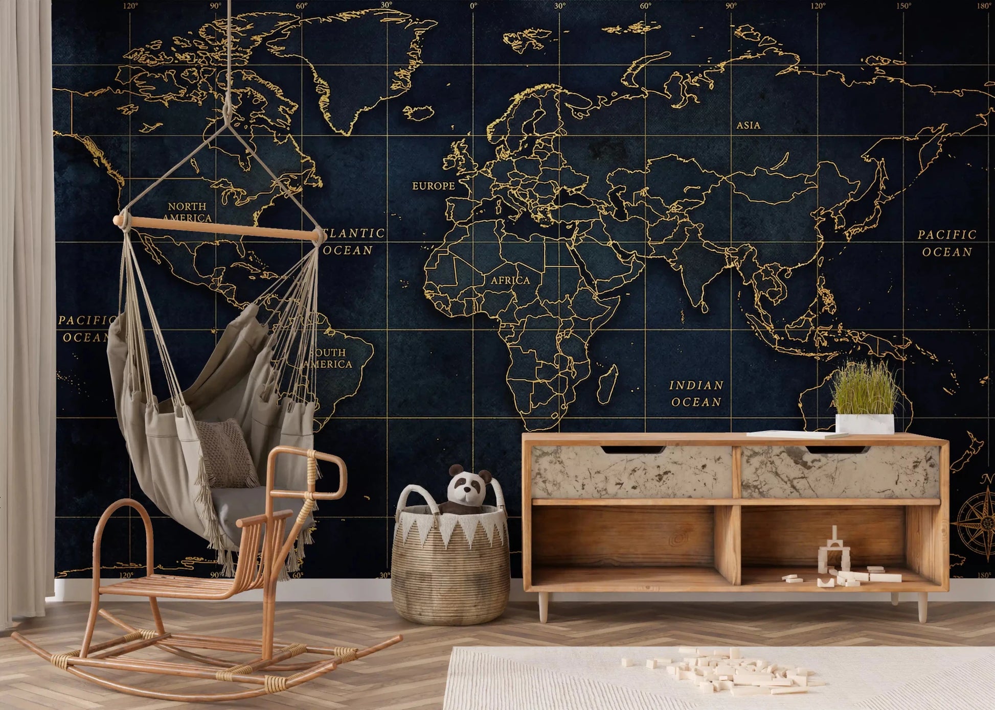 Play area Global Outline Atlas wall mural with gold grid world design