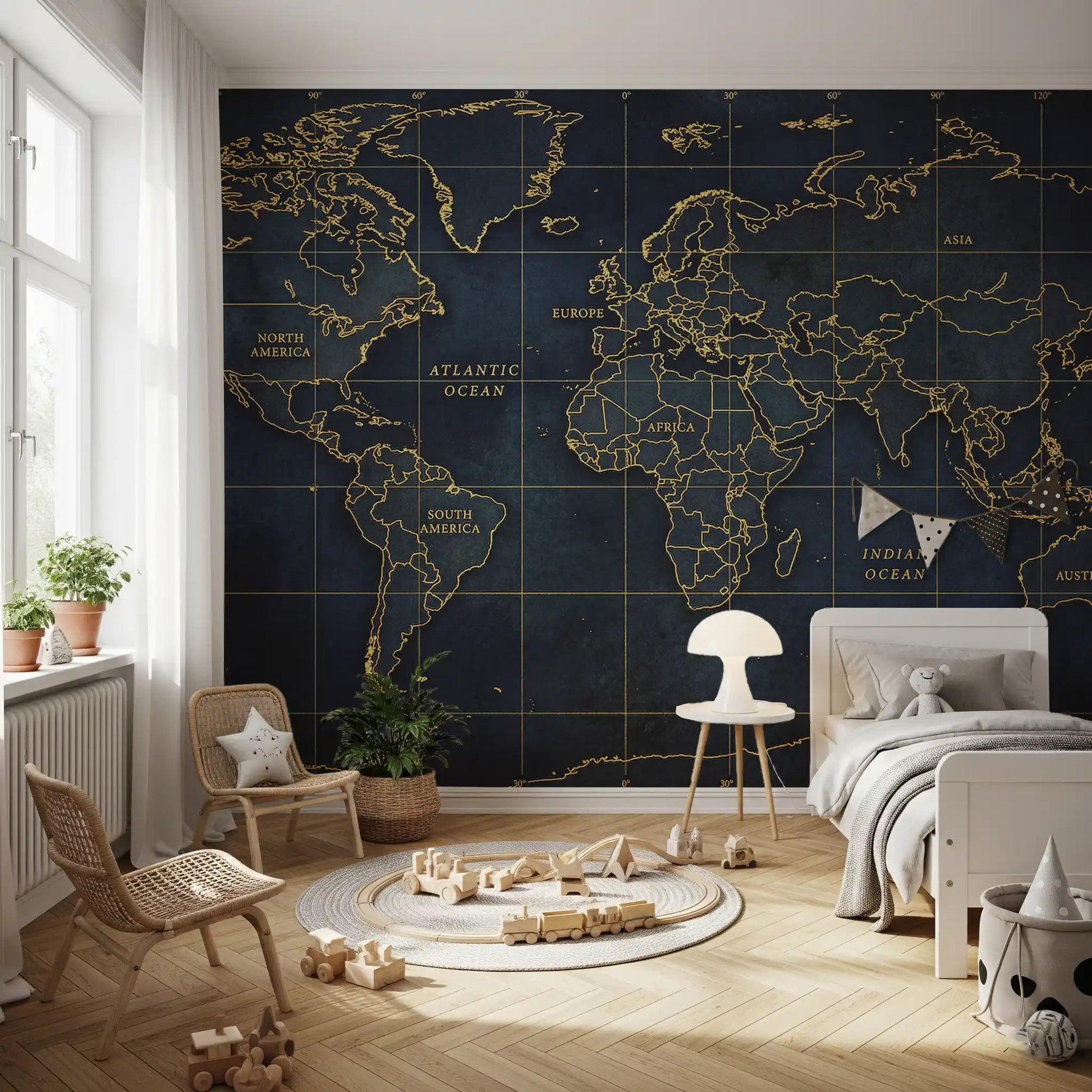 Global Outline wall mural with elegant map grid and compass corner