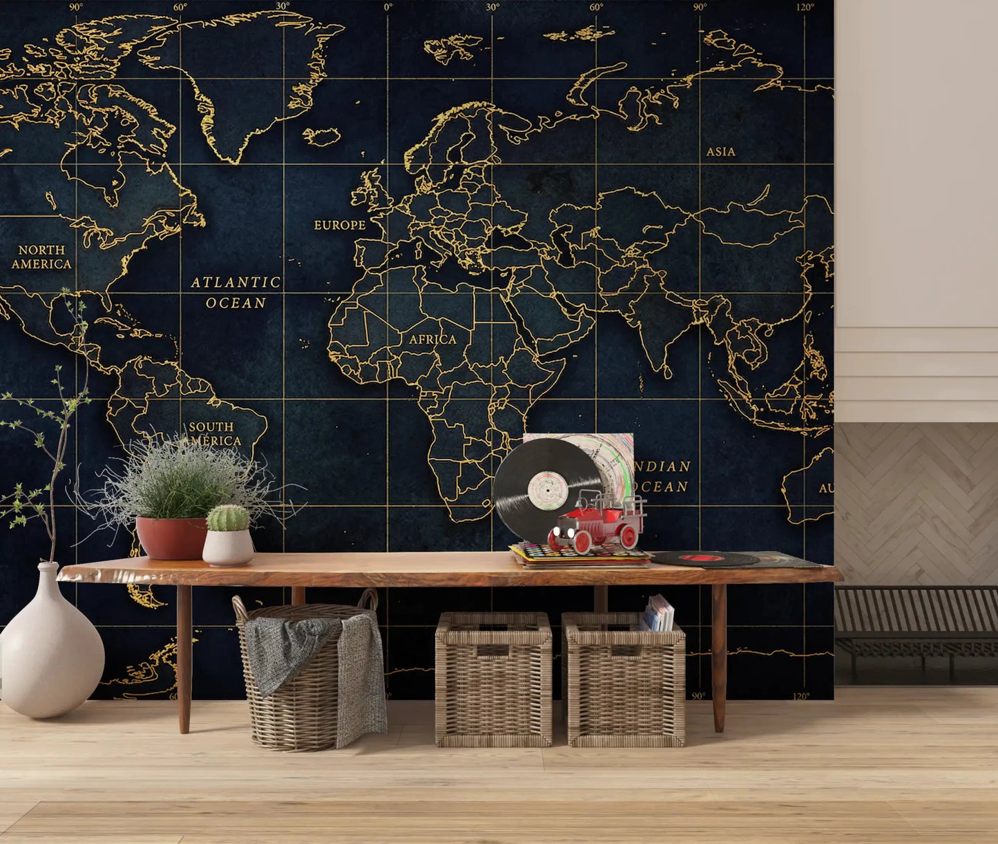 Deep Sea Global wall mural featuring gold outline world geography