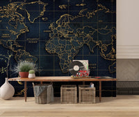 Deep Sea Global wall mural featuring gold outline world geography