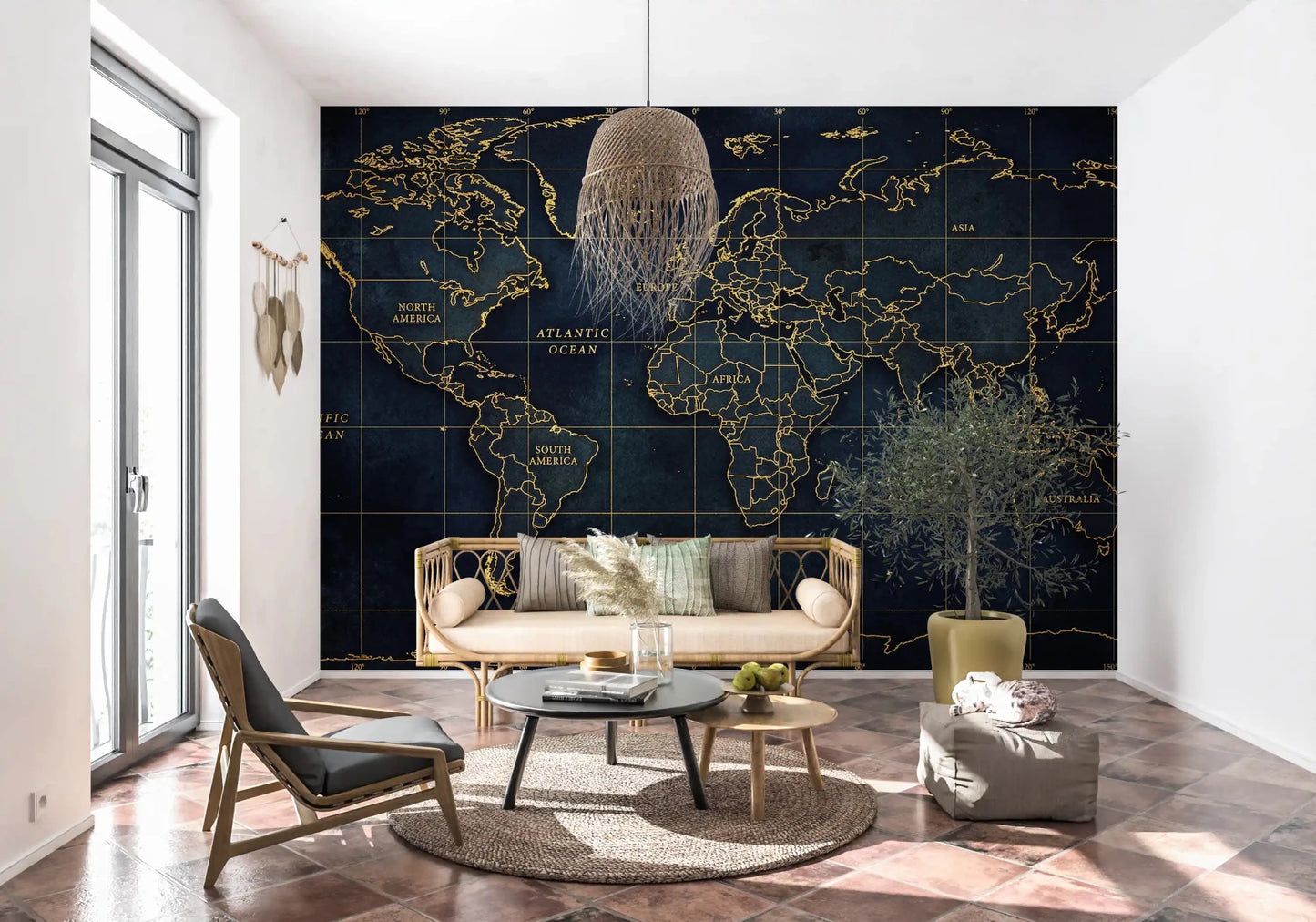 Hallway Golden Atlas Global wall mural in dark blue map styling