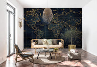 Hallway Golden Atlas Global wall mural in dark blue map styling