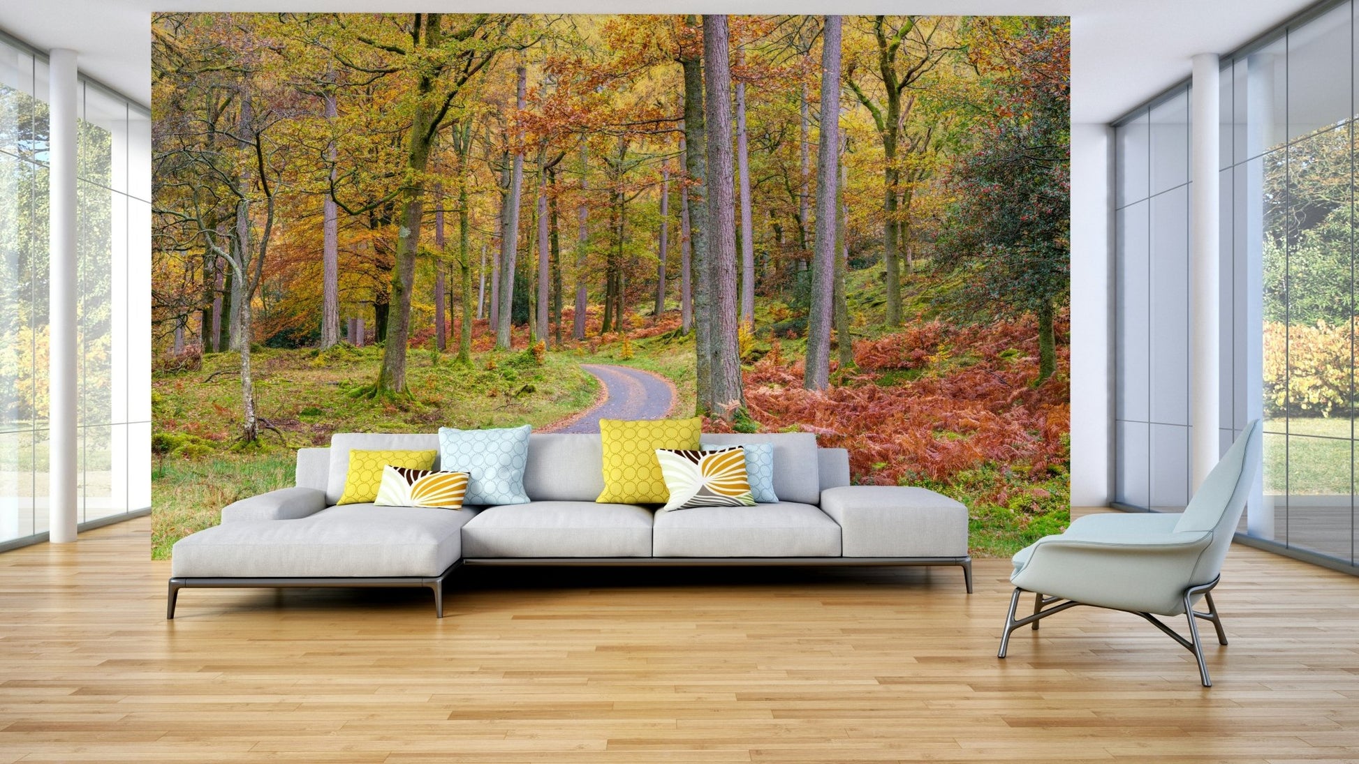 Seasonal mural with autumn foliage and path

