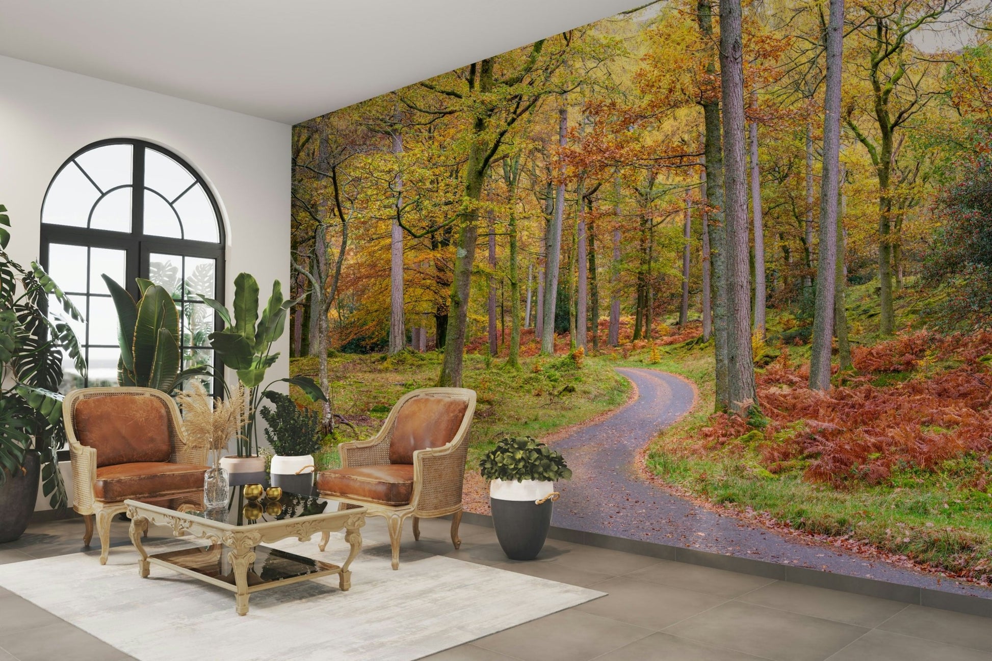 Golden autumn drive wall mural with trees

