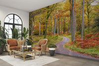 Golden autumn drive wall mural with trees

