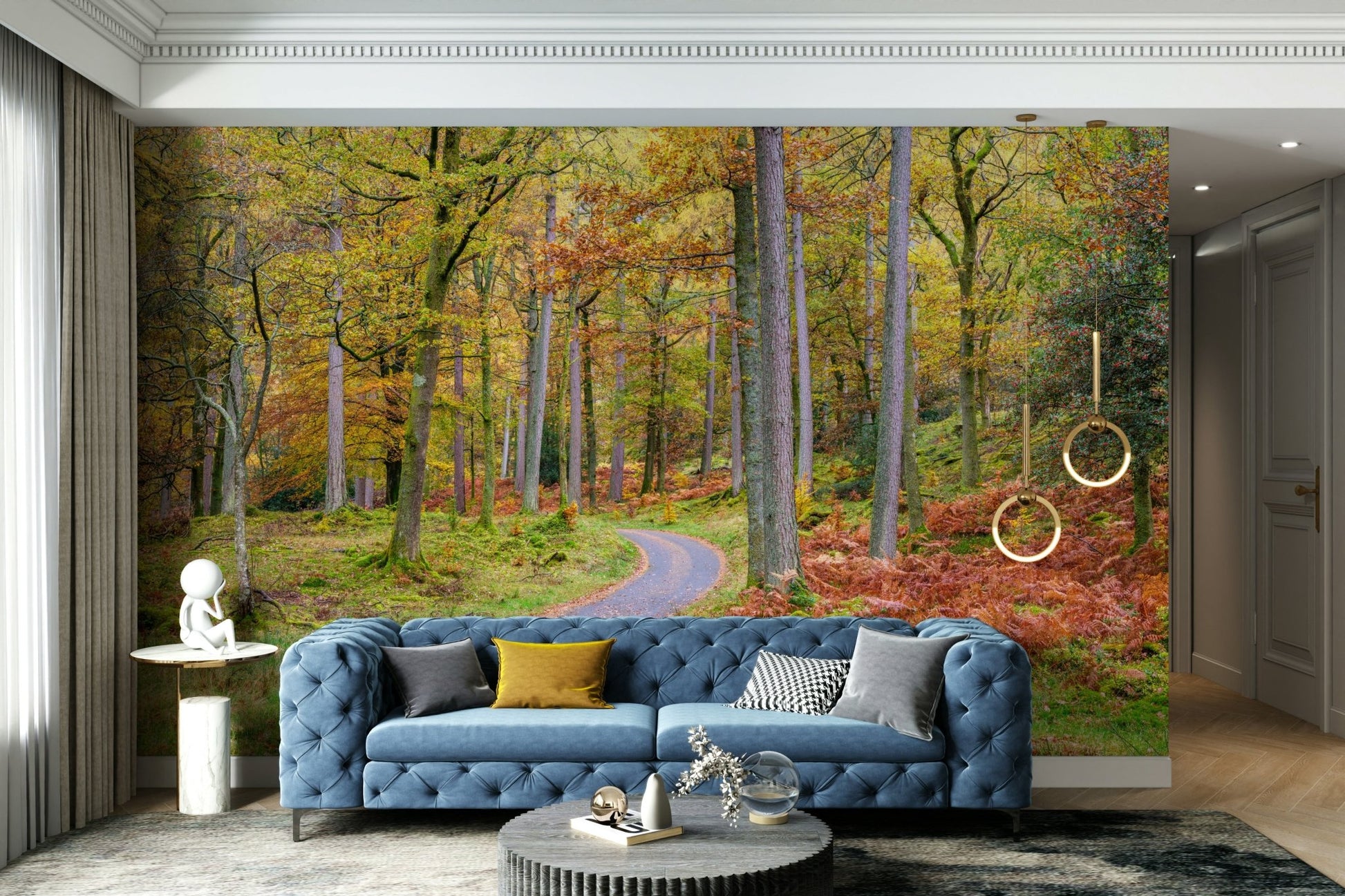 Autumn forest mural with golden tones

