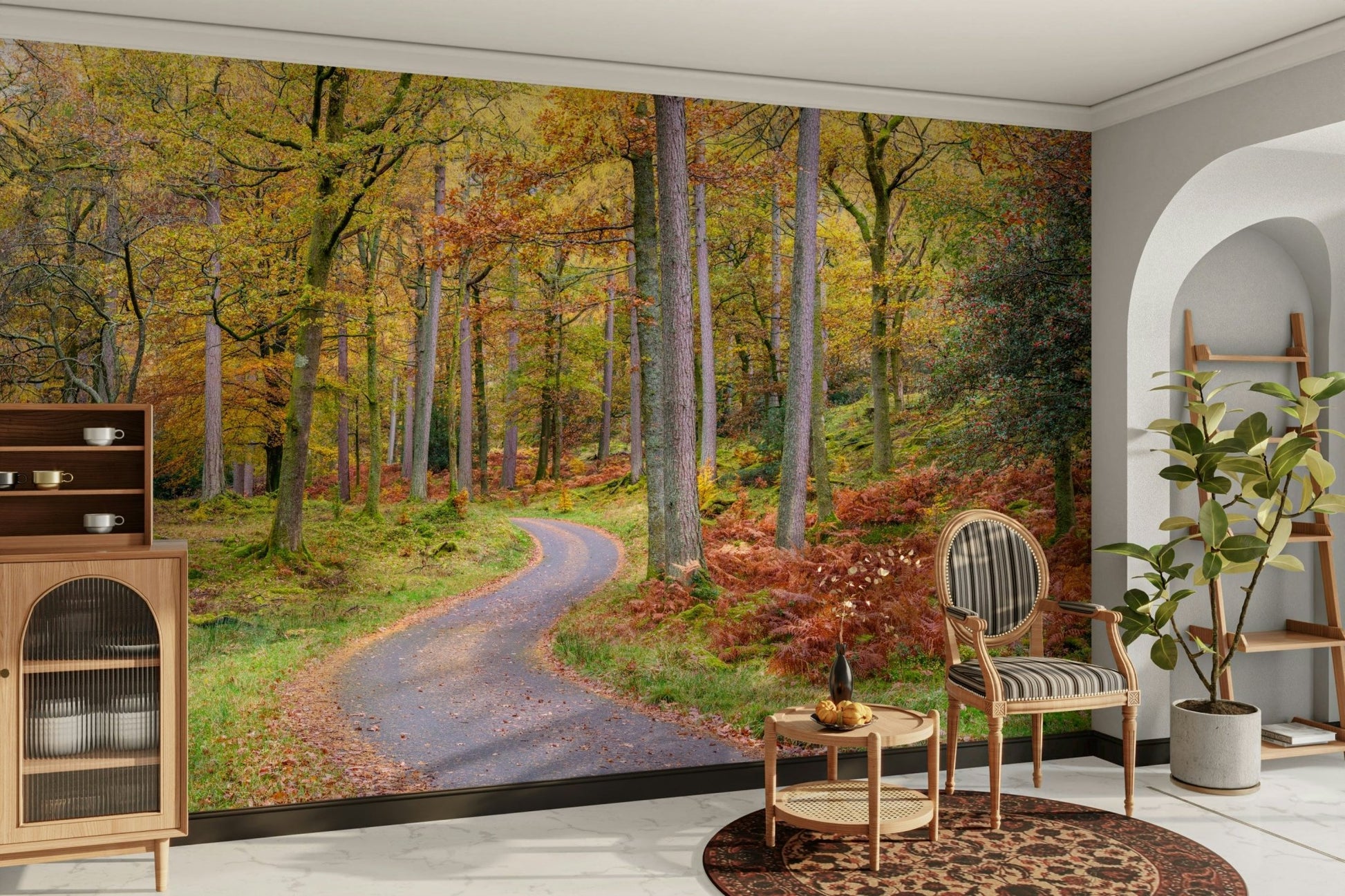Road through golden trees wall design

