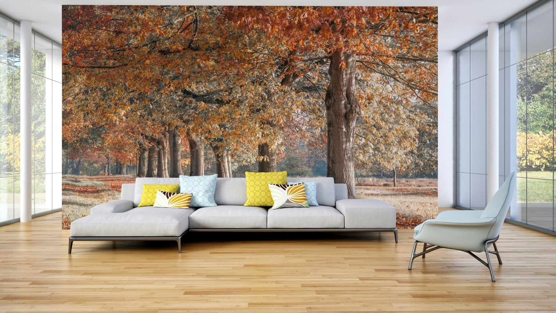 Path through golden autumn trees wall mural

