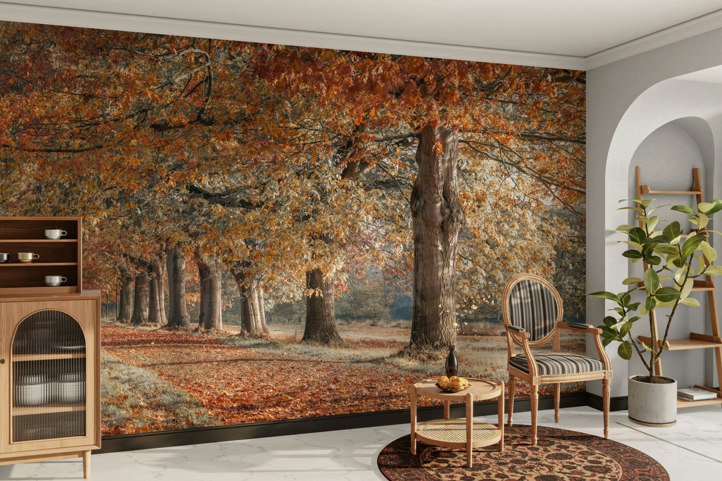 Autumn landscape mural with golden leaves path

