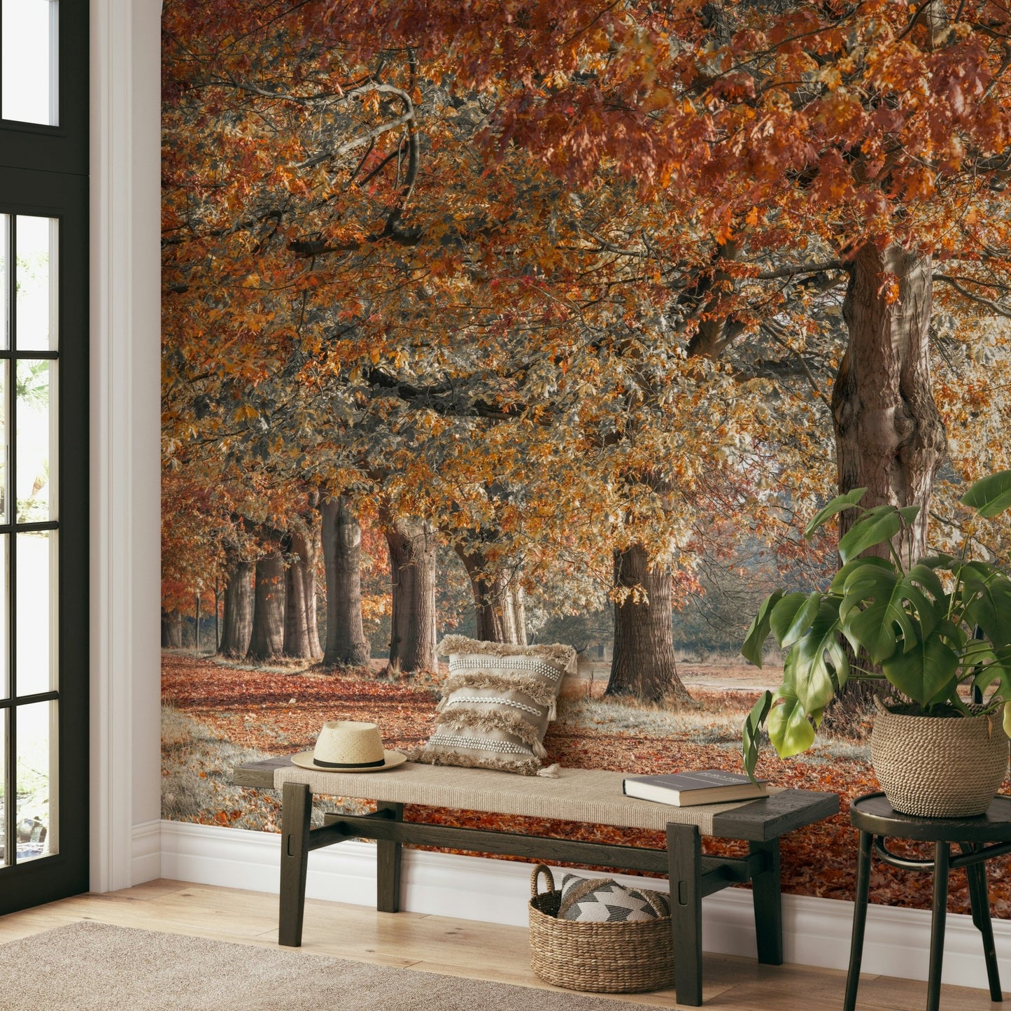 Fall-themed mural featuring golden autumn trees

