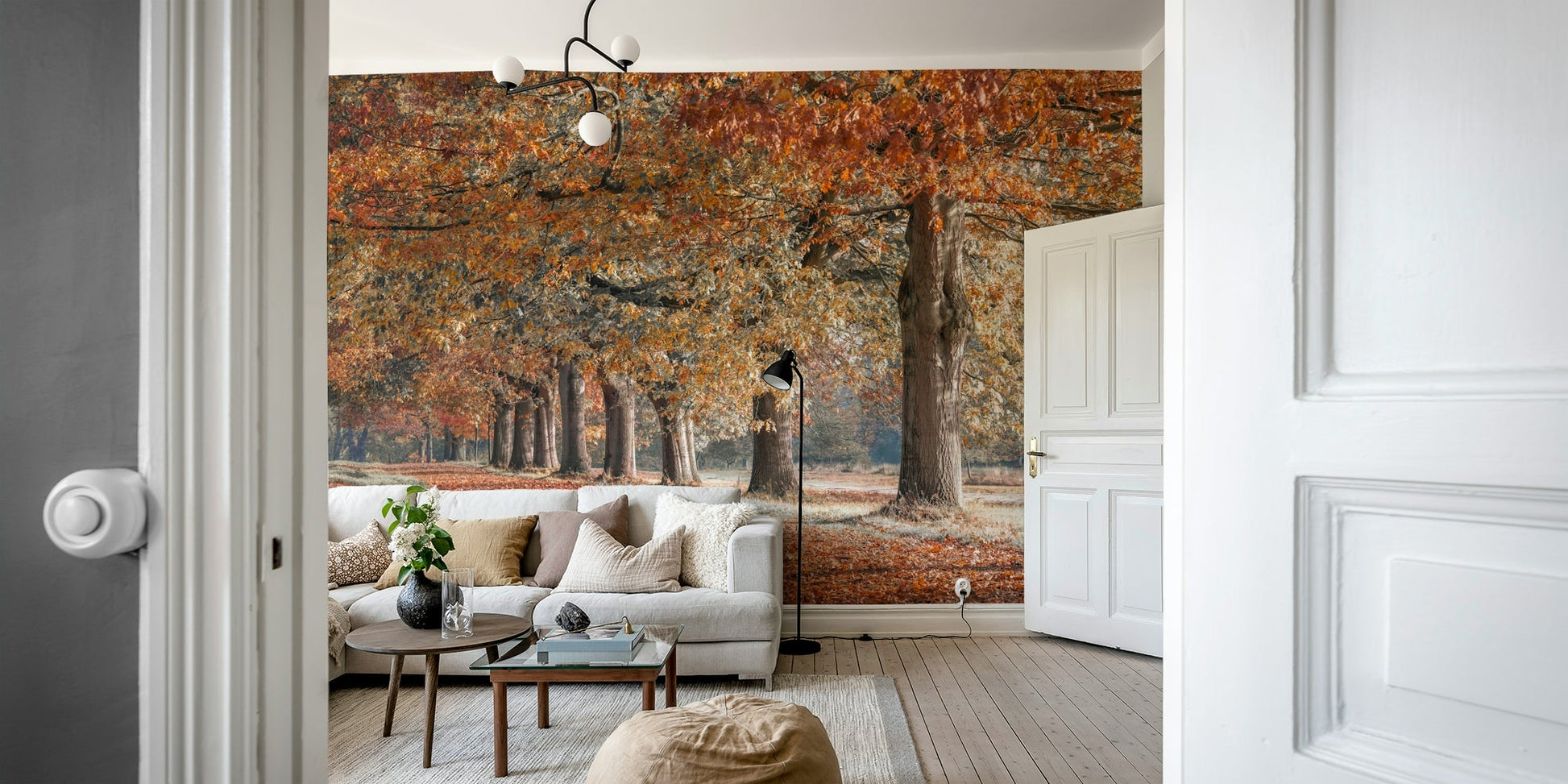 Golden leaves wall mural for nature-inspired rooms

