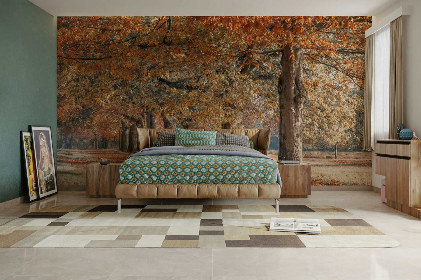 Fall foliage-inspired wall mural with golden hues

