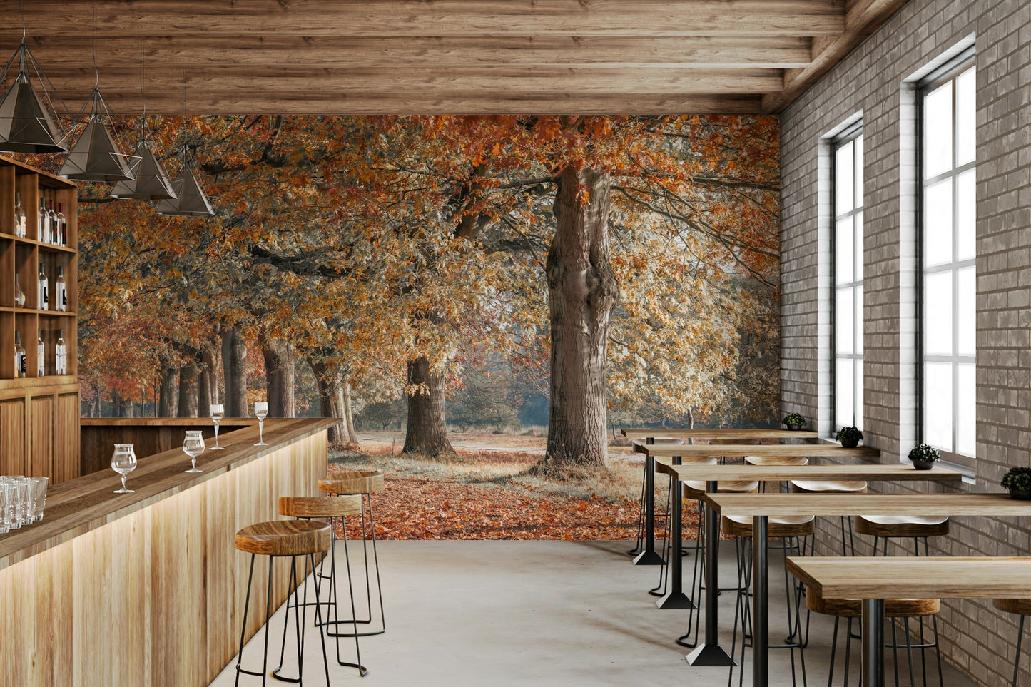 Scenic autumn path mural for warm interiors

