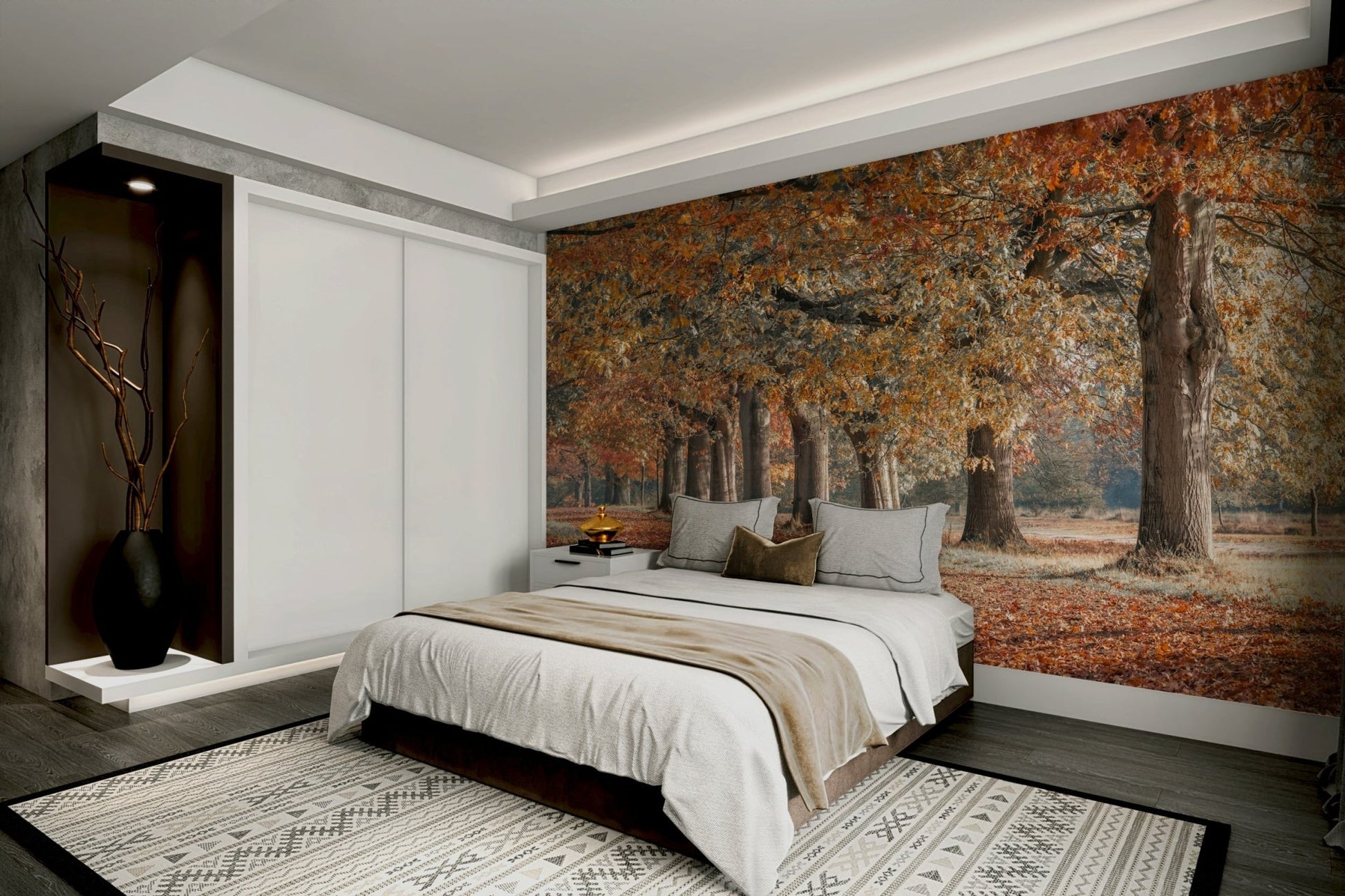 Autumn forest mural with golden tree-lined path

