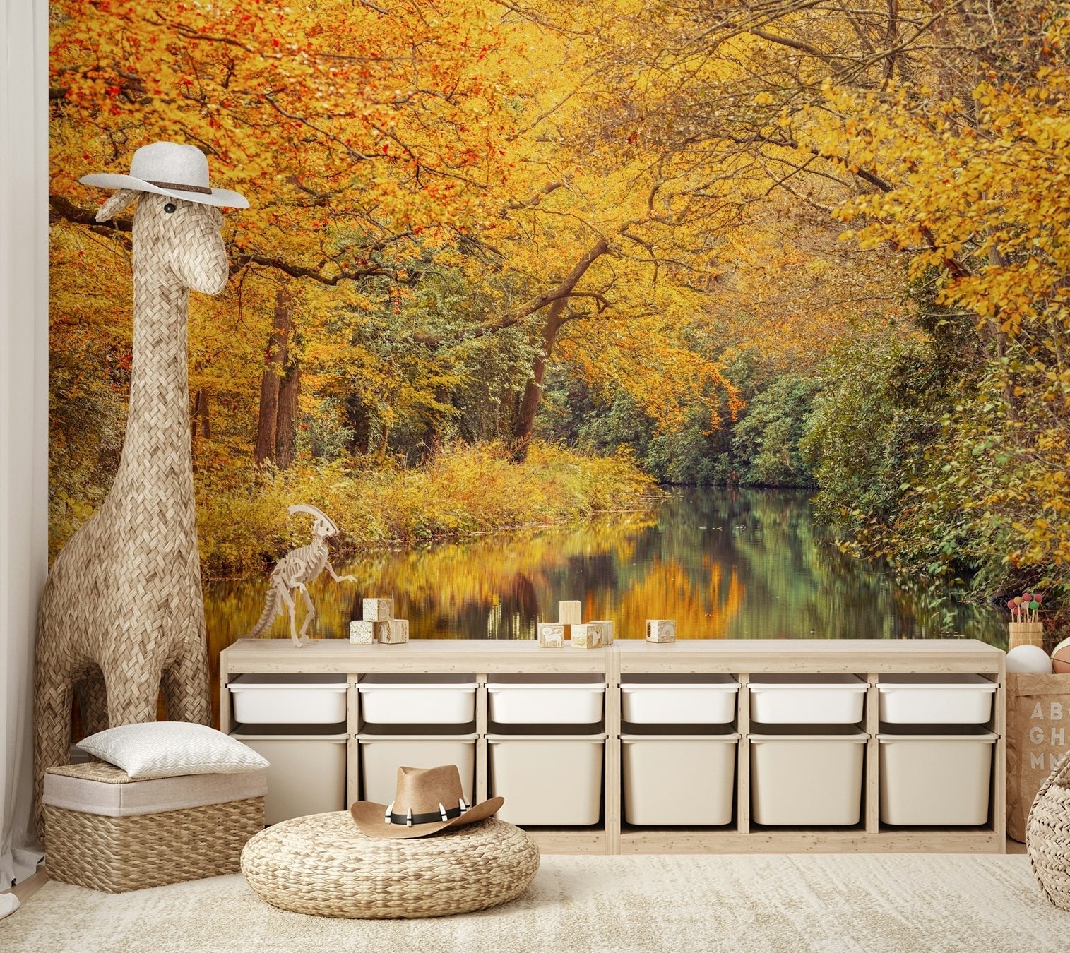 The colors are vibrant tones of gold, red, and orange.

