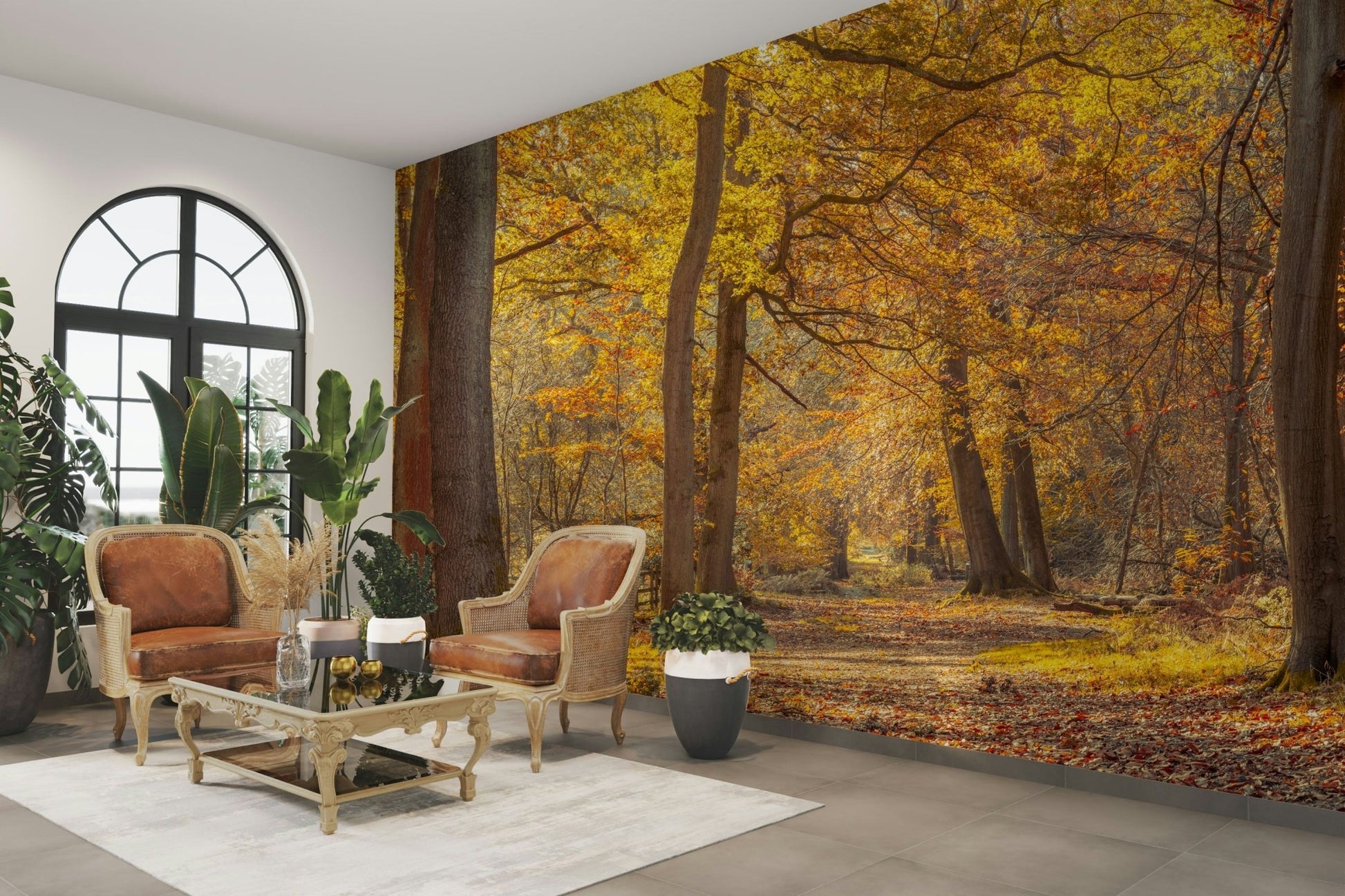 Dominant brilliant gold and warm amber leaves.

