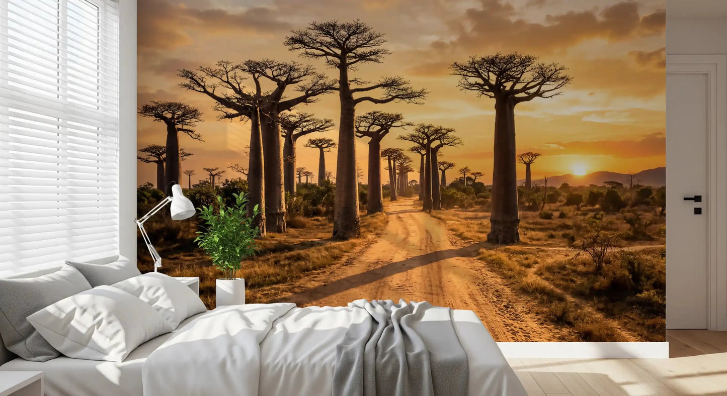 Bedroom wall finished with Golden Path wall mural in earthy tones