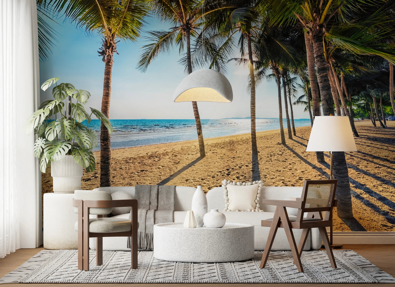 Golden Beach Palms Wall Mural in a bright living room with minimalist furniture.