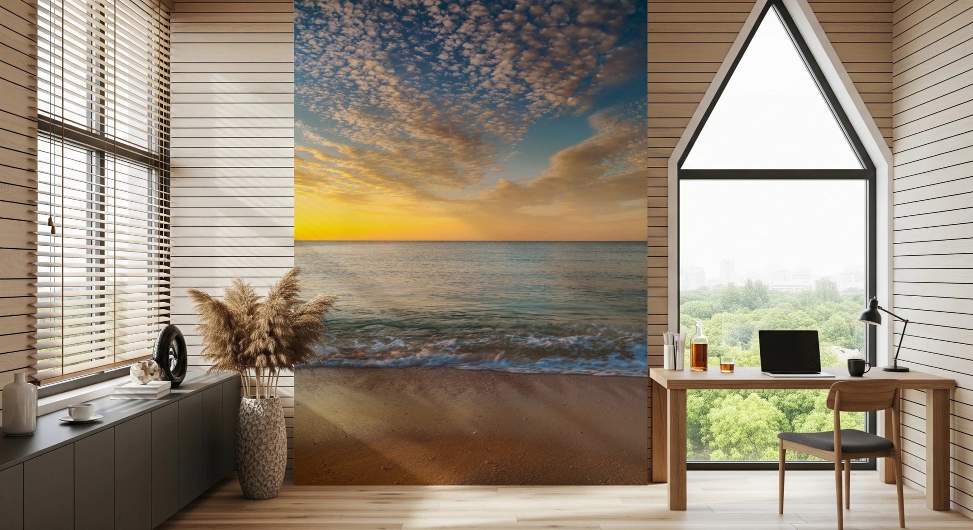 Beach sunrise wall mural with warm sky