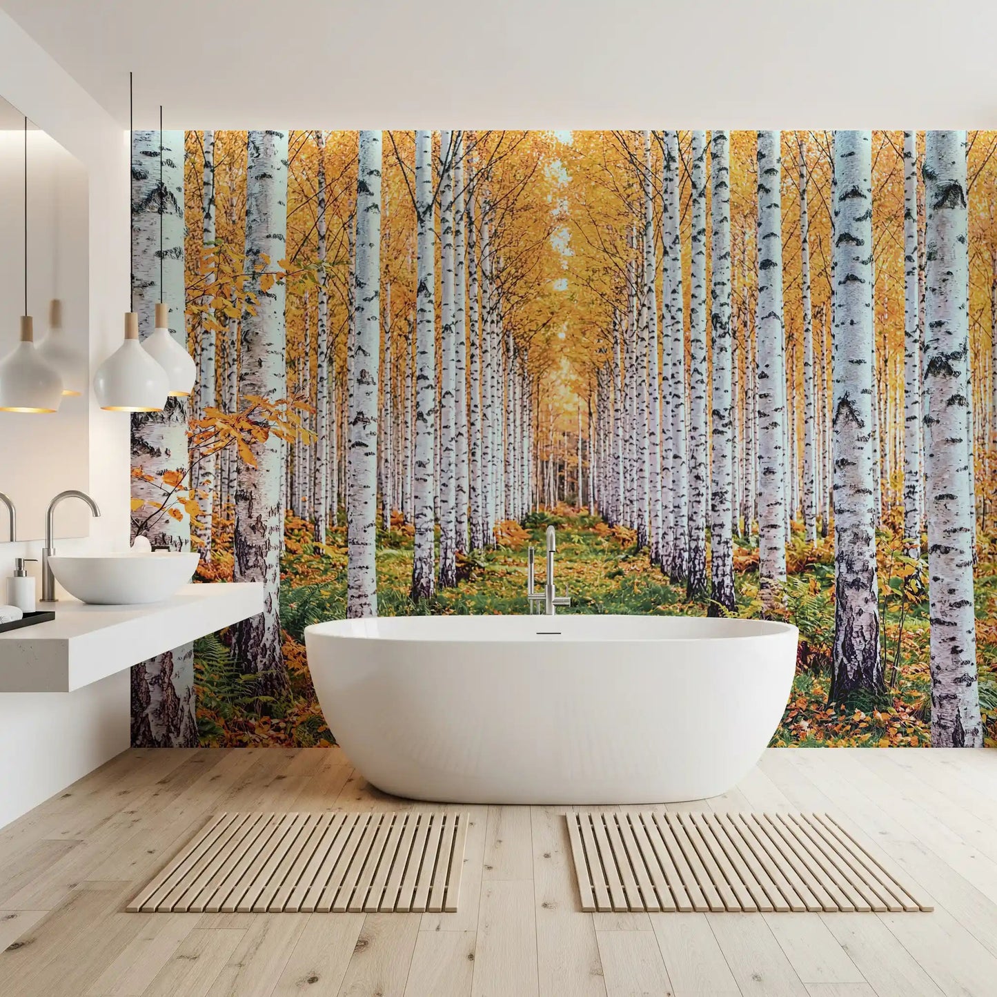 Golden Birch Forest Path Wall Mural