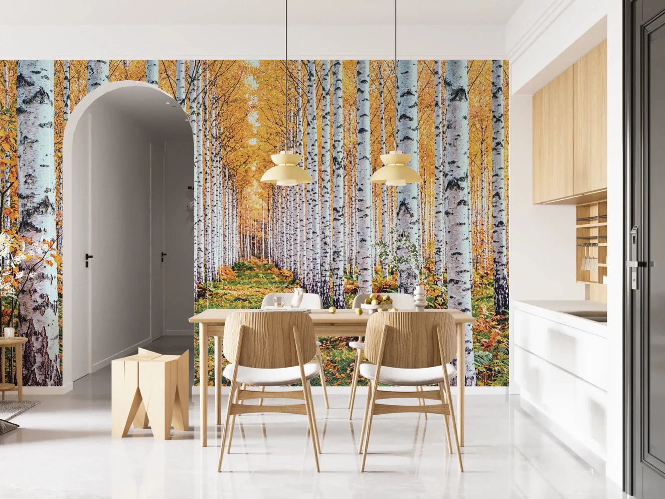 Golden Birch Forest Path Wall Mural