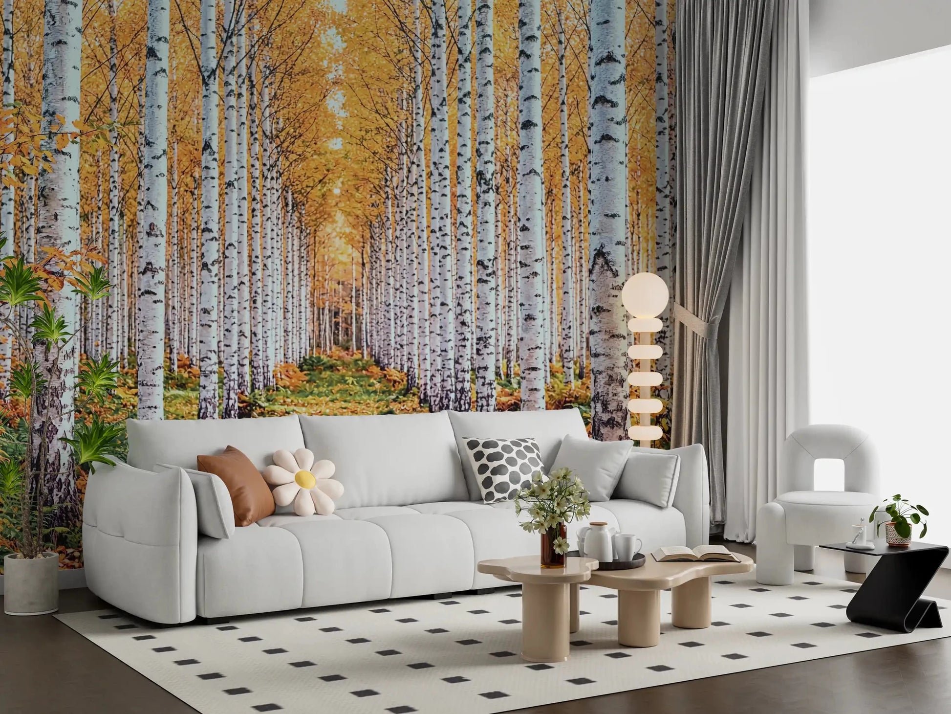 Golden Birch Forest Path Wall Mural
