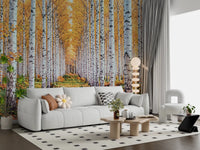 Golden Birch Forest Path Wall Mural