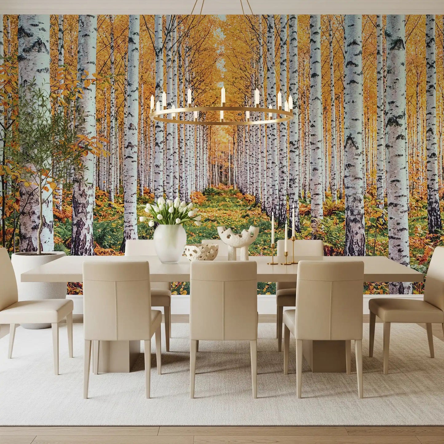 Golden Birch Forest Path Wall Mural