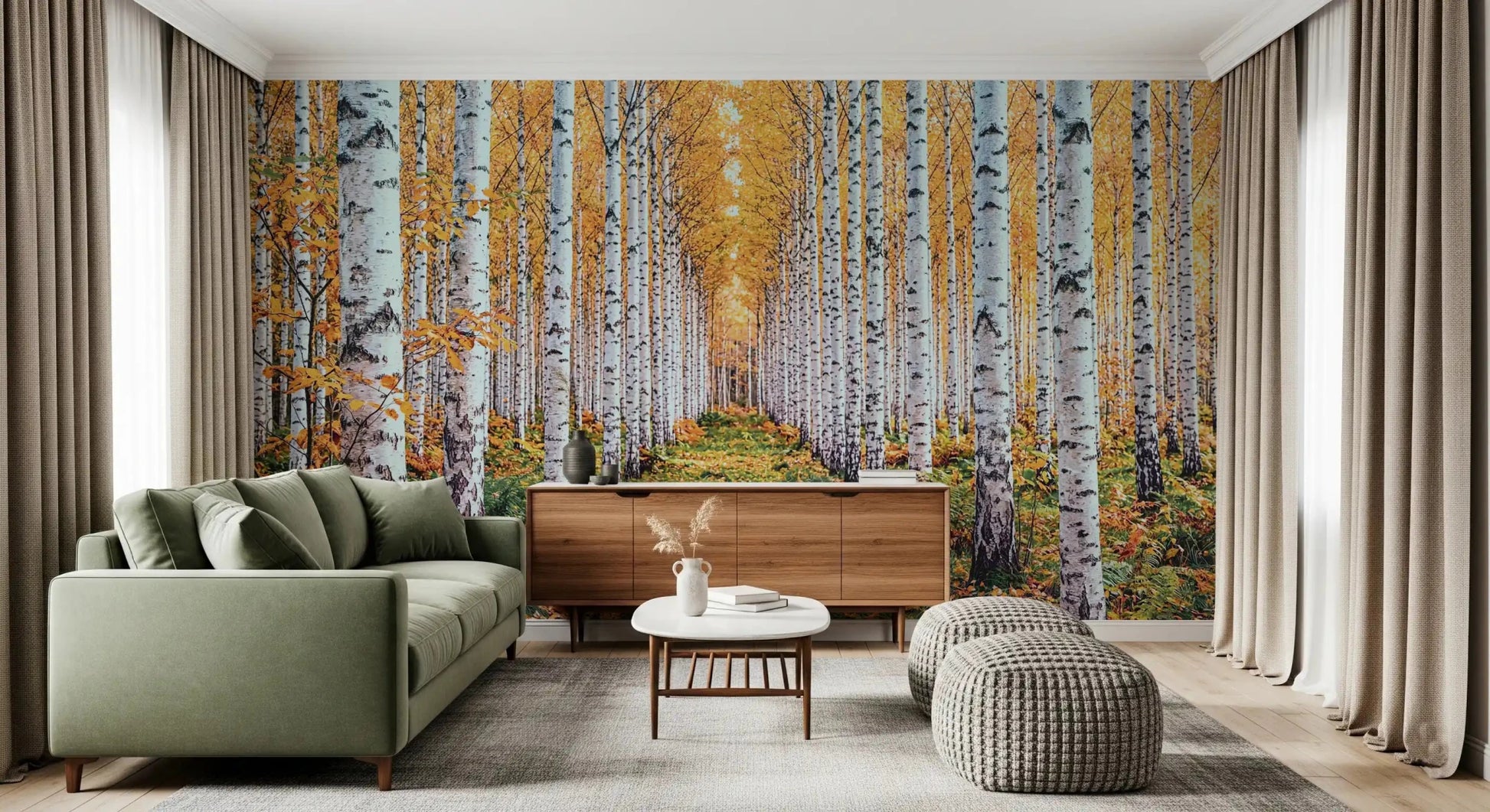 Golden Birch Forest Path Wall Mural