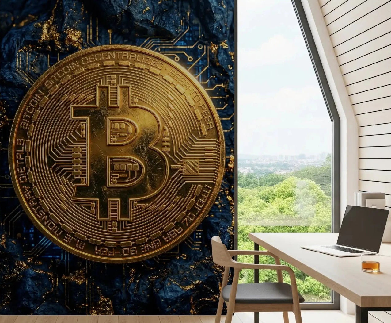 Gold and navy contrast drives this Golden Bitcoin wall mural look, GD9043
